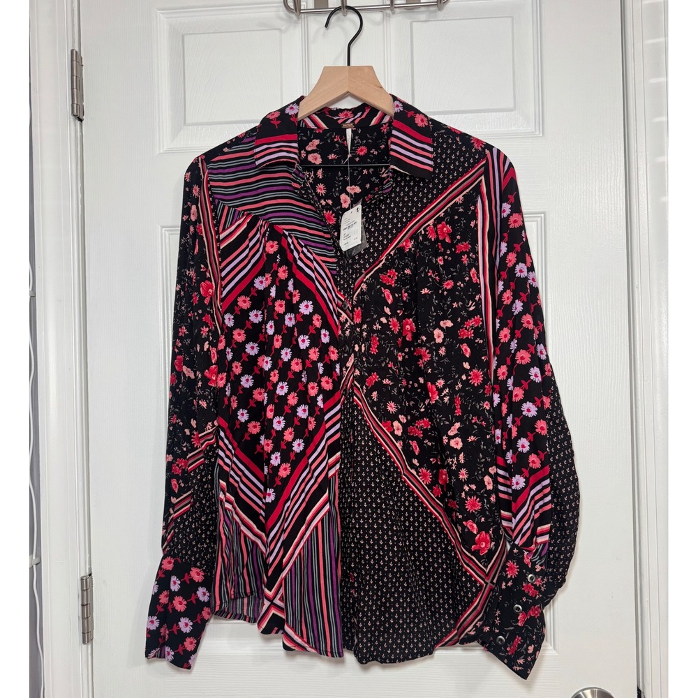 NWT Free People Hazel Womens Floral Stripe Mixed Print Button Down Blouse  Small